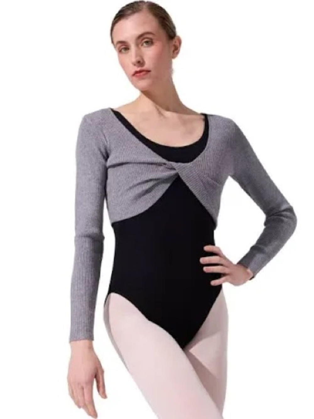 Capezio Gray Cropped Twist-Front Women's Ballet Top SHRUG WITH FAUX KNOT
